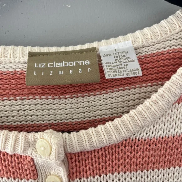 Vintage Liz Claiborne Striped Short Sleeve Sweater Henley Cropped Size Large L - Picture 4 of 6
